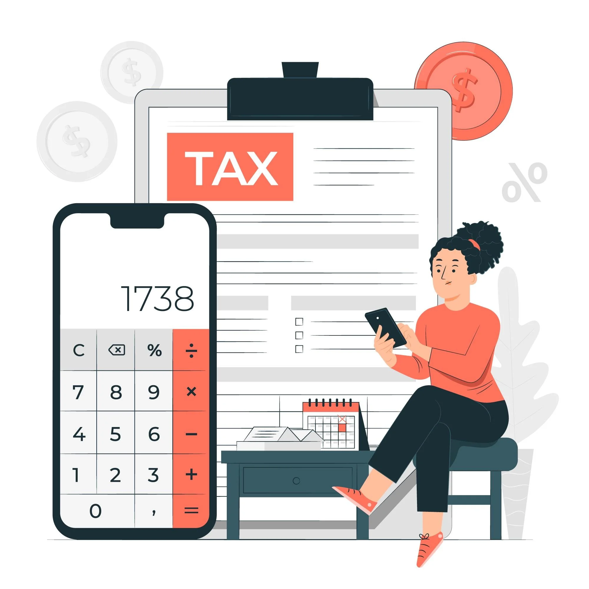 Woman calculating taxes using a calculator and phone, focused on her financial task.