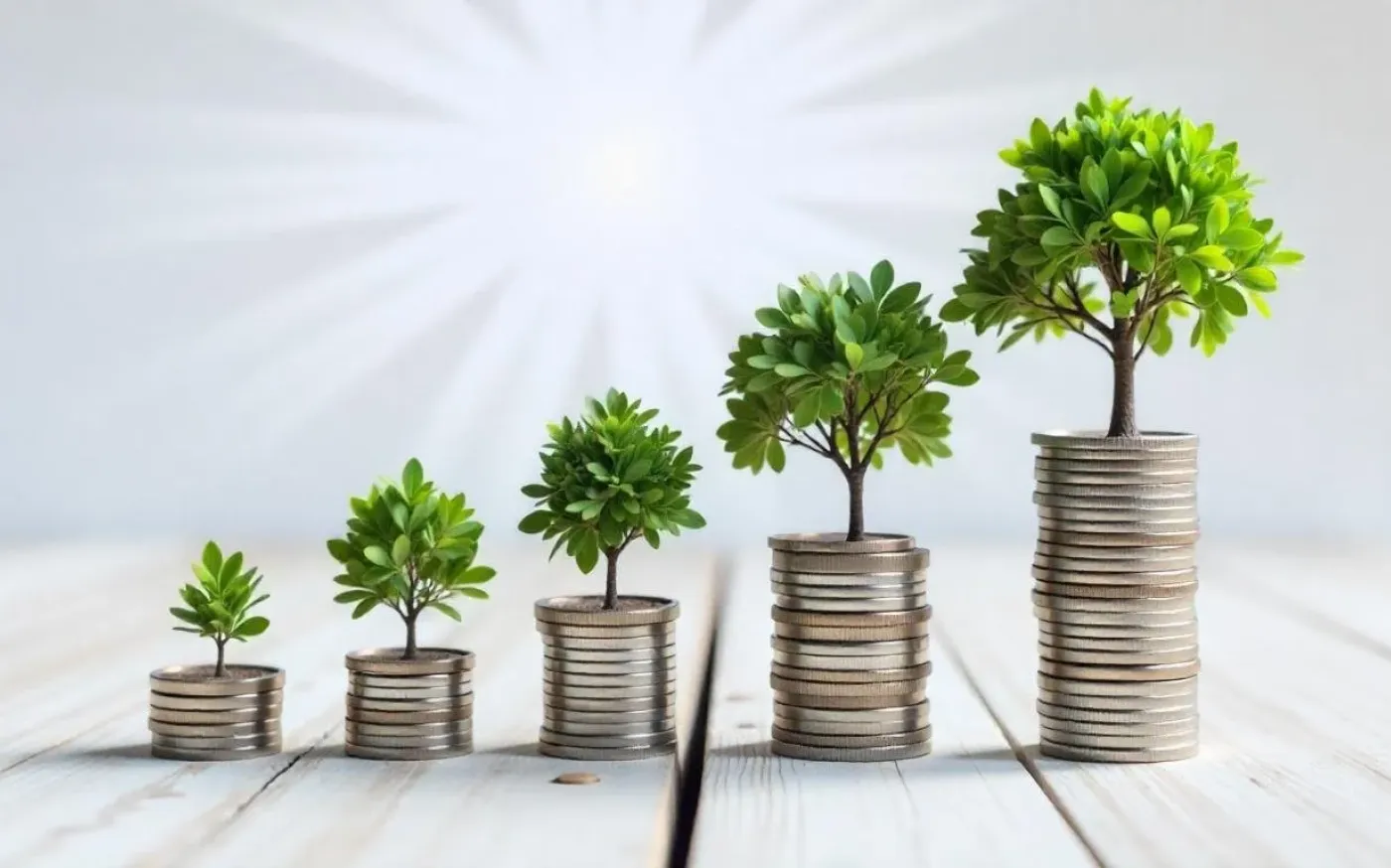 A stack of coins with a small tree growing from the top, symbolizing growth and financial investment.